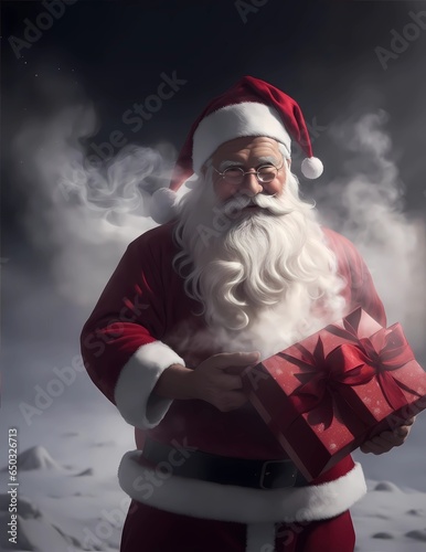 Santa claus holding Christmas presents, Snow winter landscape background