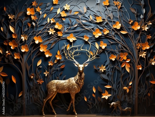 Fototapeta Naklejka Na Ścianę i Meble -  3D dark gold deer forest tree wallpaper home decor generative ai