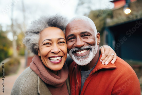  Portrait of a happy, smiling black senior couple outdoors