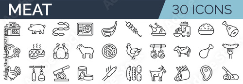 Fotografiet Set of 30 outline icons related to meat