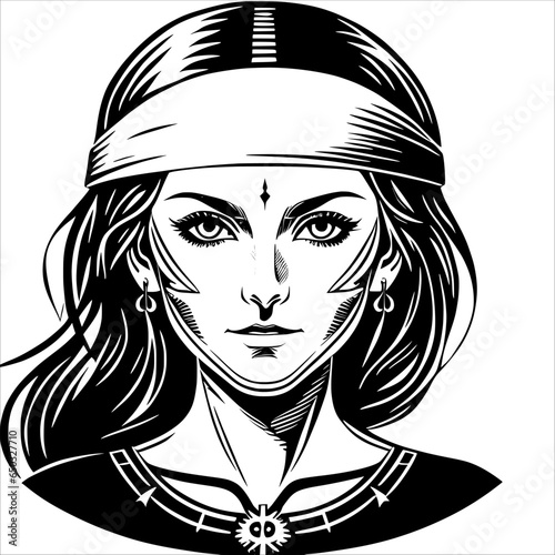 Young Woman with a Floral Patterned Bandana on Her Head, Ready for Adventure.
