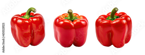 Set of fresh, whole red sweet chili bell peppers isolated on a white or transparent background.
