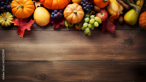 Harvest background or cornucopia thanksgiving background with autumnal fruits with copy space. Autumn cornucopia, symbol of food and abundance.