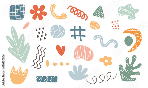 Abstract set various shapes and doodle objects. Set of trendy creative artistic elements