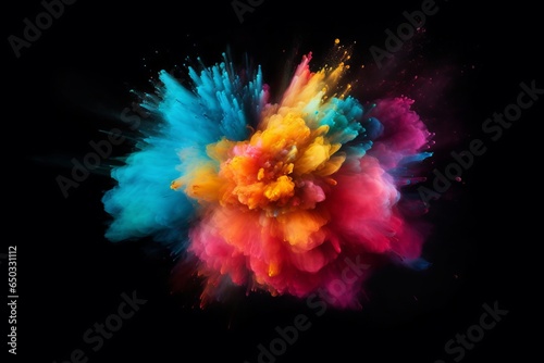 Colored powder explosion. Abstract closeup dust on backdrop. Colorful explode. Paint holi, Generative AI 