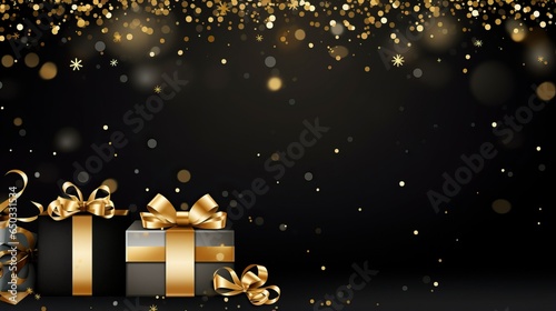 Blank Christmas banner. Black background Xmas design with present box and gold sparkle
