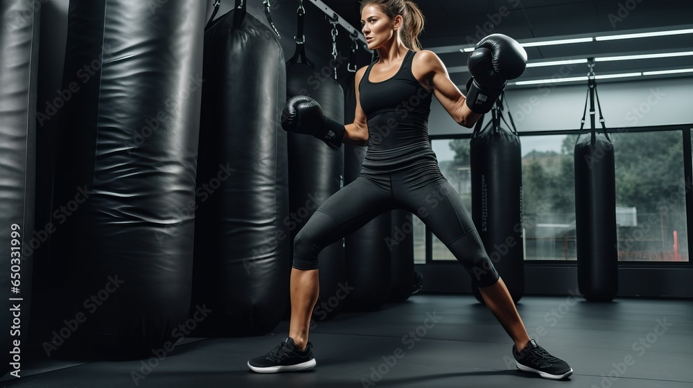 Woman boxing in sportswear with boxing bag Woman boxing in sportswear with boxing bag
