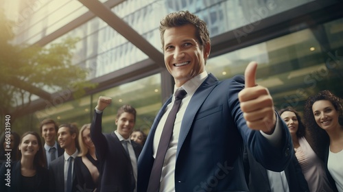 Business woman thumb up with her team