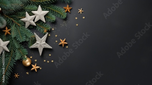 Christmas background with tree and decoration on black background