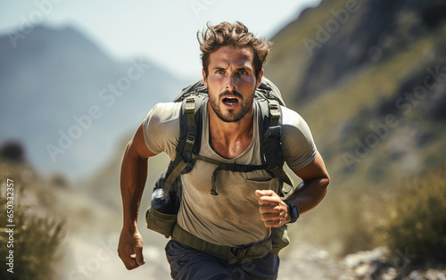 Male athlete wearing a vest running on a mountain path in summer. Generative AI