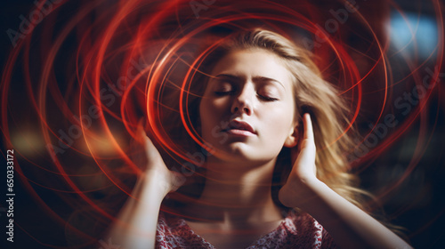 An out-of-focus image portrays a woman in the midst of a vertigo, dizziness, or inner ear health concern..