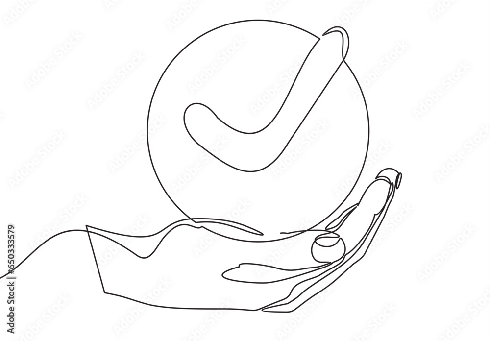 Continuous line drawing of hand holding check mark. Tick one line icon. Continuous line drawing of hand holding check mark. Tick one line icon.