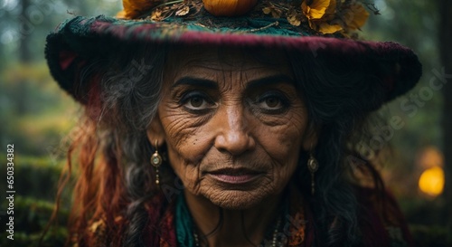 Close up old gypsy witch face from the depths of the forest photo