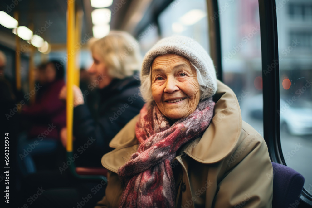 Obraz na płótnie Smiling mature senior woman riding the bus in Vienna w salonie