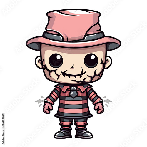 Cute Kawaii Halloween monster wearing a red and black striped shirt, isolated photo