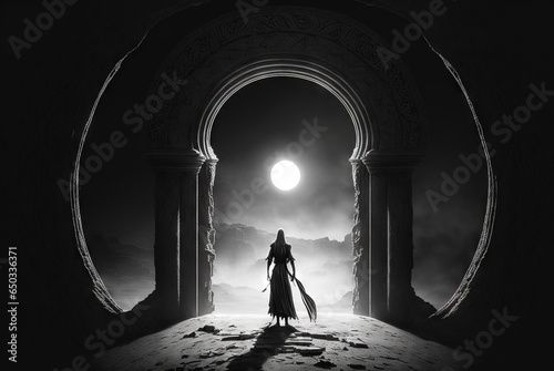 Magic ancient gate of the dark ruins. Black and white background with mystic lightened door.
