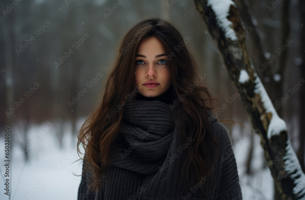 Young woman alone in a snowy forest Young woman alone in a snowy forest