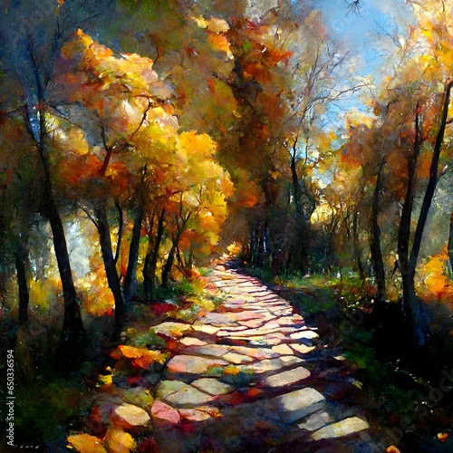 oil painting of an autumn path with autumn colours in semiabstract style wondrous dramatic lighting epic photorealistic ultradetailed  photo
