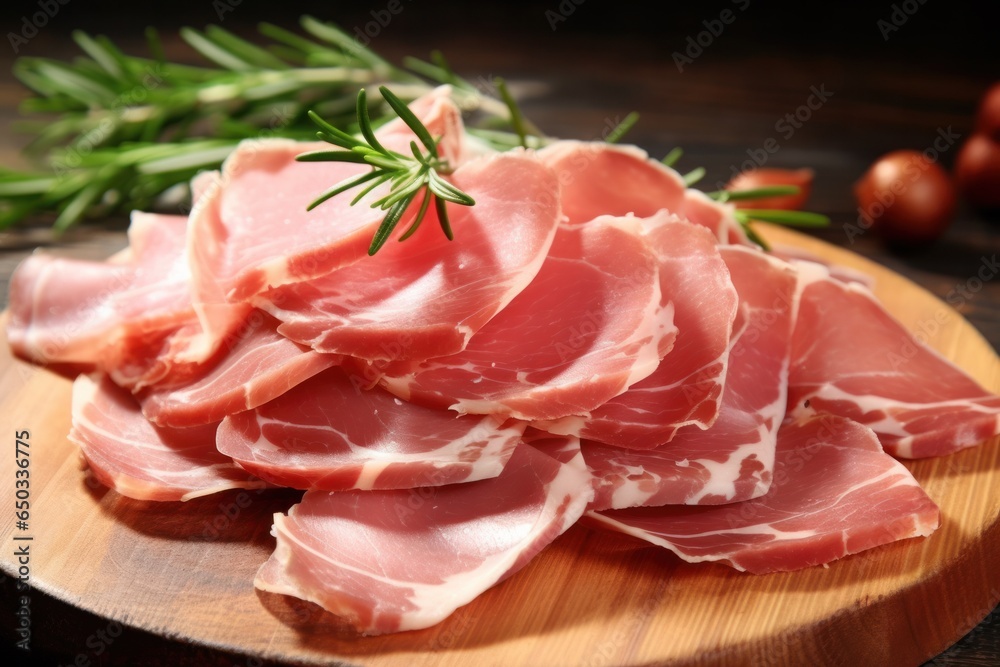 slices of tasty cured prosciutto ham and rosemary on wooden board slices of tasty cured prosciutto ham and rosemary on wooden board