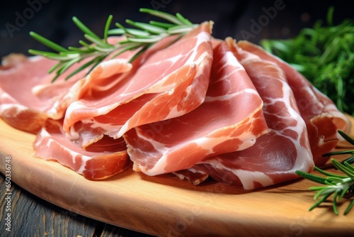 slices of tasty cured prosciutto ham and rosemary on wooden board