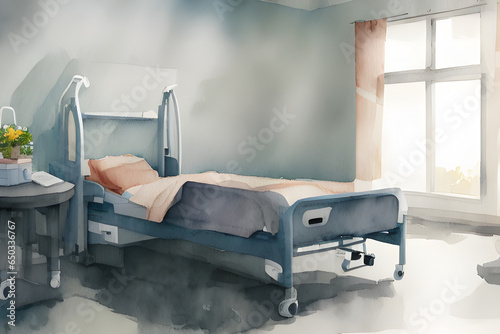 Empty Patient bed in the ICU Emergency hospital room watercolor style photo