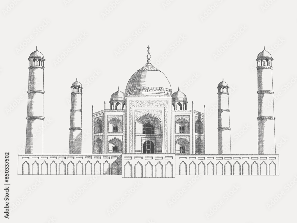 Taj Mahal - sketch isolated on white background. Hand drawn sketch in vintage engraving style of white marble mausoleum mosque. Mughal architecture. Landmark of India. Vector illustration.