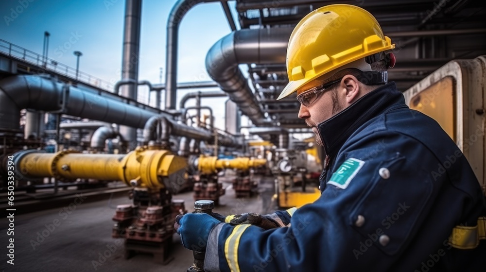 Industrial technician checking gas pipeline installations inside refinery. Industrial technician checking gas pipeline installations inside refinery.