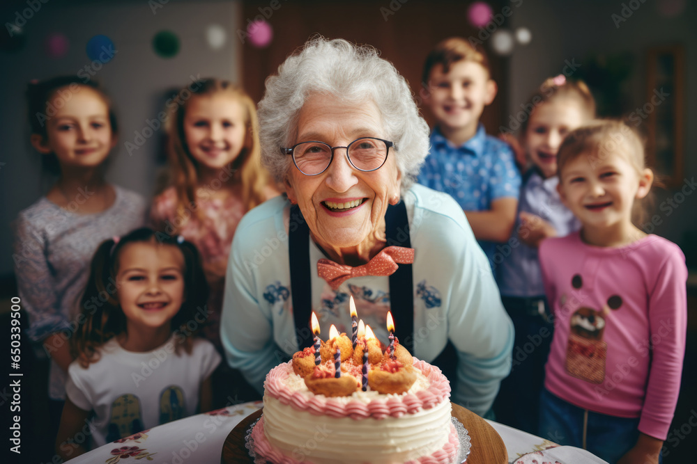 Smiling Senior woman surrounded by her grandchildren celebrating as she is about to blow out the candles on her birthday cake. Smiling Senior woman surrounded by her grandchildren celebrating as she is about to blow out the candles on her birthday cake.