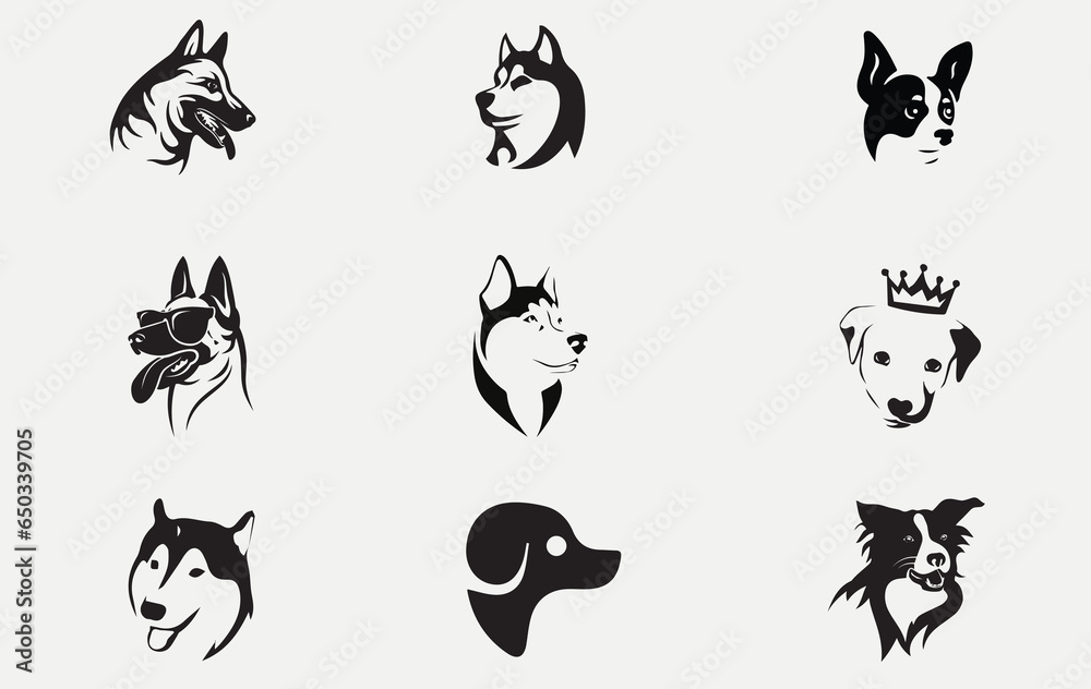 set of dog face logo or vector element, silhouette, cat, animal, vector, set, illustration, dog, icon, cartoon, animals, black, design, bird, symbol, pet, sign, halloween, bear, tattoo, collection