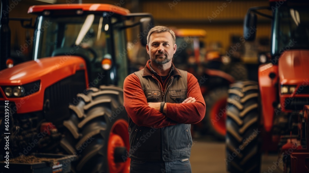 A tractor salesman standing in a factory and guaranteeing parts and service of agricultural machinery. Daylight on a telephoto lens A tractor salesman standing in a factory and guaranteeing parts and service of agricultural machinery. Daylight on a telephoto lens