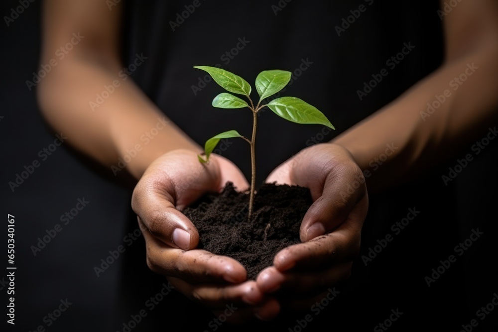 hands holding seeding plant with soil
