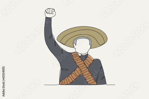 Color illustration of a patriot encouraging his friend. Revolucion mexicana one-line drawing