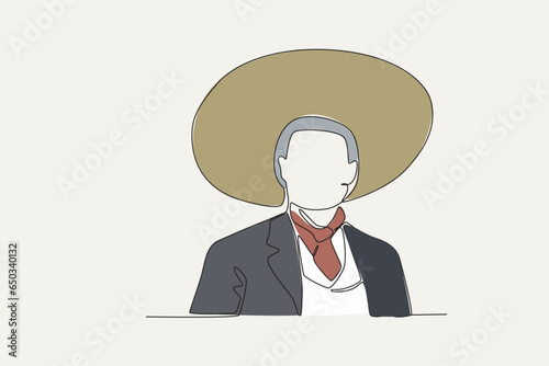 Color illustration of a patriot wearing a hat gallantly. Revolucion mexicana one-line drawing