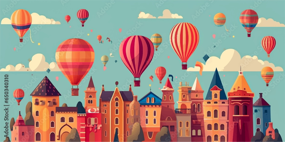 Flat design vector air balloon and city landscape landmark for poster. Modern concept, colorful, happy and fun.