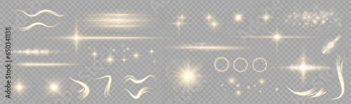 Collection of highlights, stars and rays of light with luminous swirling and spiraling particles on a transparent background. Flying star effect.