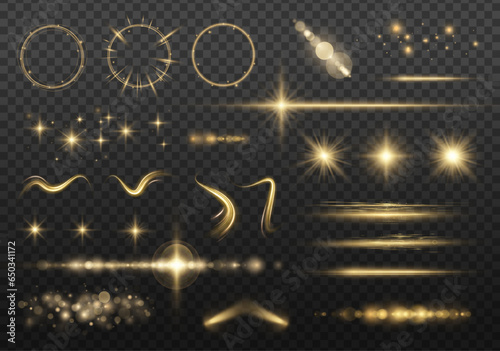 Collection of highlights, stars and rays of light with luminous swirling and spiraling particles on a transparent background. Flying star effect.