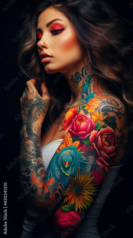 Fototapeta premium Vibrant Tattooed Beauty. Colorful Skin Art