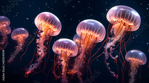 Colorful jellyfish floating in water. AI Generated © EwaStudio