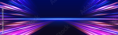 Panoramic high speed technology concept, light abstract background. High-speed light trails effect. Purple glowing wave swirl, impulse cable lines. 
