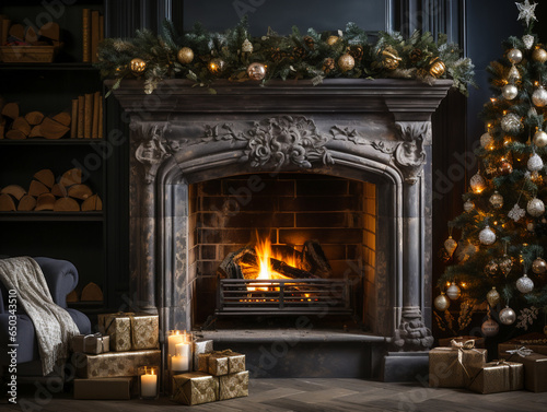 Festive Home Fireplace and Ornate Christmas Tree