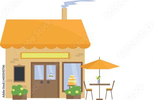 Cute cafe shop with an orange roof. Nearby tables for visitors. Outdoor terrace cafe, umbrellas from the sun Pastry Shop, bakery with cake in the window. cute flat cartoon style. Advertising, banners,