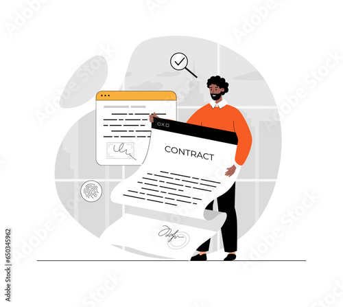 Online agreement, digital signature. Man holding an electronic contract form, signing agreement using online app. Illustration with people scene in flat design for website and mobile development.