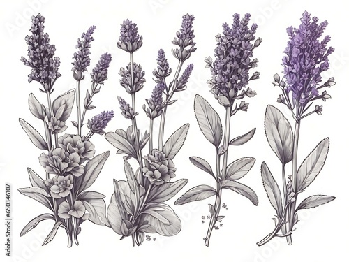 lavender illustration. Beautiful boquet of flowers. Doodle, line art