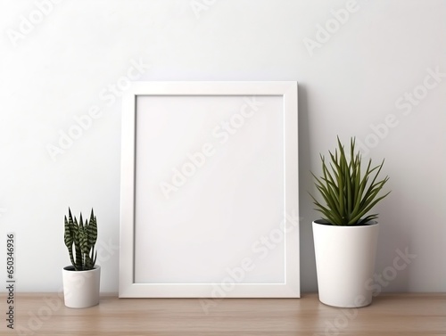 Empty frame on a white mantle with plants mockup for art showcase generative ai © tanjidvect