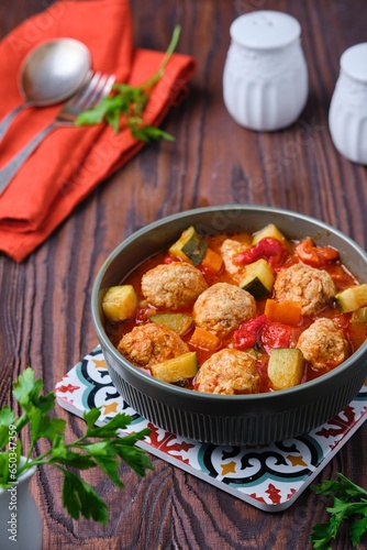 Albondigas, soup or stew, meatballs with vegetables in tomato sauce in a ceramic bowl on a brown wooden background.