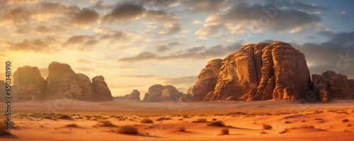 wide angle view of a generic rocky mountains of Al Ula desert Saudi Arabia touristic destination at the golden hour sunset with copyspace area, Generative AI photo