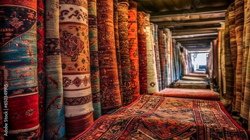 various oriental rugs and carpets stacked. AI Generated