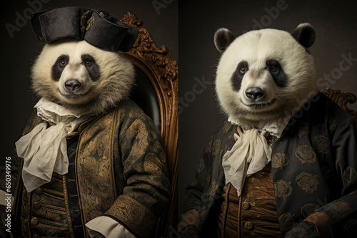 Humanised animals concept. funny character personage. humanized panda in suit and tie on dark background. historical portraits
