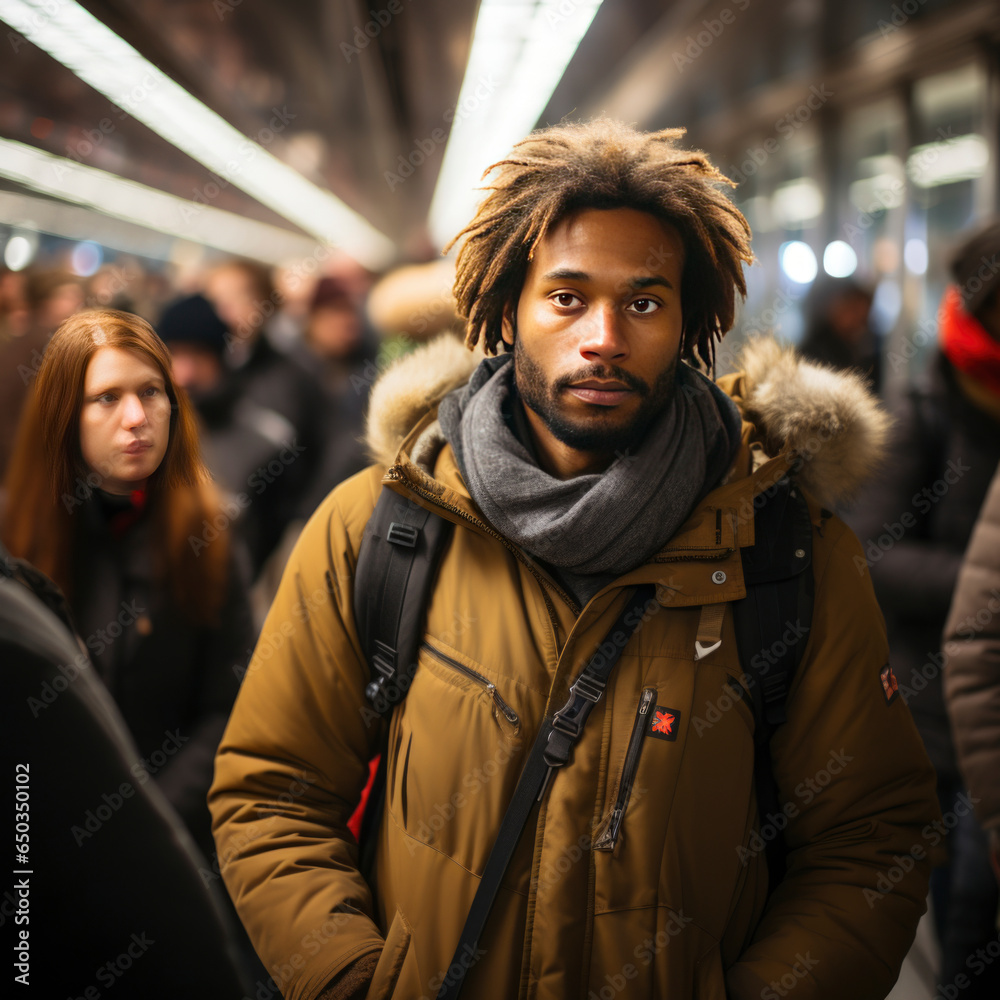 public transport concept , man with backpack in subway hall or platform of the station or air terminal. square