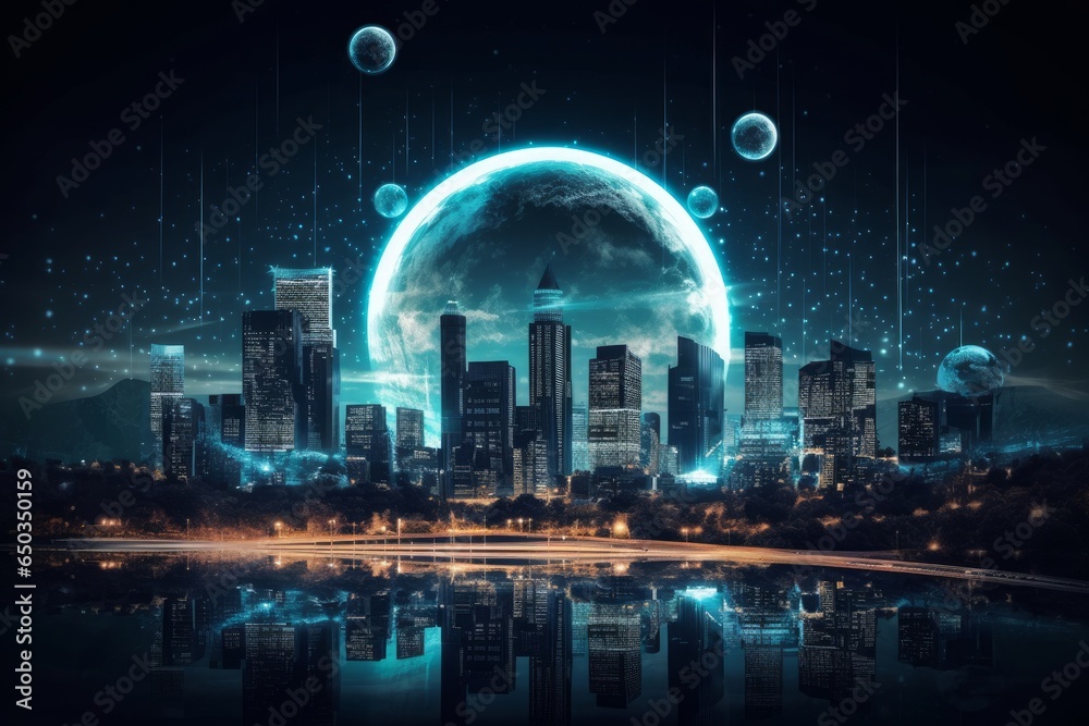 Smart city at night with a large looping full moon in the background in the bright night , Internet of things, smart life, information technology, Generative AI